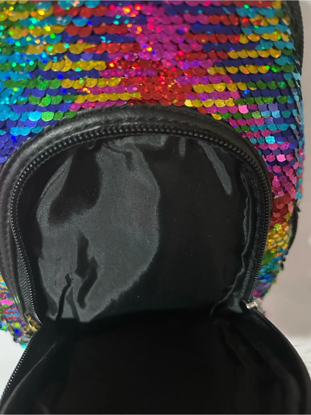 Justice Rainbow Sequin Backpack with Yellow Emoji and Pink Pom